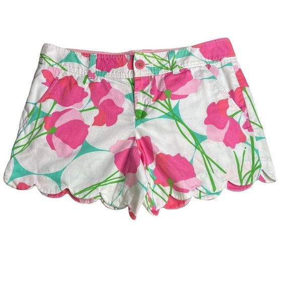 Lilly Pulitzer Pants - LILLY Pulitzer Pink Green Floral Scalloped Shorts 2 100% Cotton 4.5" Inseam
